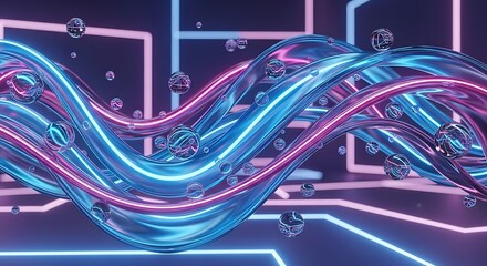 Abstract glowing neon wave with particles and circuit board background, futuristic technology concept