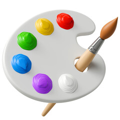 Plastic palette with colorful paints and brush. Tools for painting. Artistic, imagination, and creativity concept. Isolated on transparent background. 3D render, minimalistic illustration