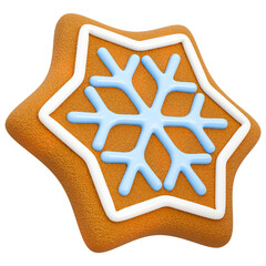 Sweet Iced Gingerbread Cookie Star With Snowflake. 3D Gingerbread Star shape. Traditional Christmas And New Year Festive Delicacy And Decor. Isolated On Transparent Background