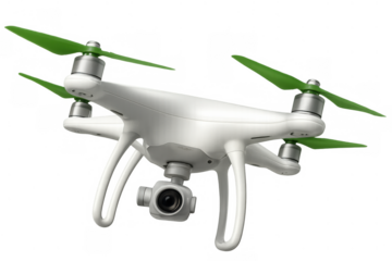 White drone with green propellers hovering, capturing aerial video footage, surveying technology on transparent background