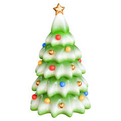 Stylized green Christmas tree with glossy colorful balls and snow frost. Concept of Christmas decoration and New Year. Isolated on transparent background. 3D render, minimalistic illustration