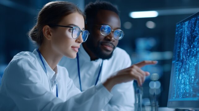 Two engineers work together in a modern electronics research facility. They focus on a computer screen filled with data and visuals, sharing ideas and insights to drive their project forward