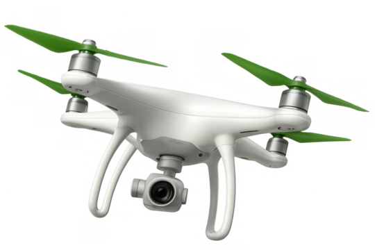 White drone with green propellers hovering, capturing aerial video footage, surveying technology on transparent background