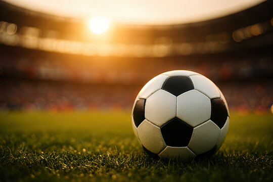 Close-up of a soccer ball on the pitch in a stadium at sunset with dramatic golden light and a blurred background.