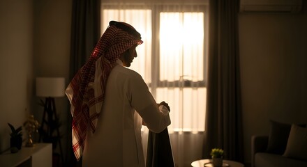 A man dressed in traditional Middle Eastern attire standing in a warmly lit room with sunlight streaming through a window, creating a peaceful and contemplative atmosphere