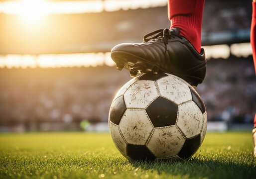 Close-up of a soccer player's foot resting on a dirty ball on the field at sunset in a crowded stadium before a match.