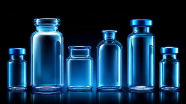 A variety of vaccine bottles displayed in a row against a dark background, featuring blue caps. Each bottle represents hope for health and wellness in communities worldwide