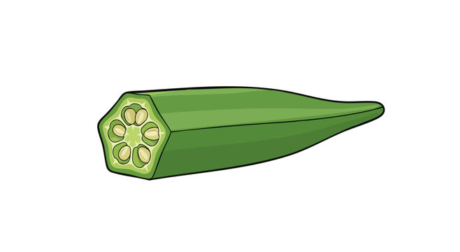 A vibrant, green okra pod, cut to reveal seeds, sits against a clean white background