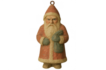 Vintage santa claus figurine with an angry expression holding a sack, expressing naughty or nice christmas decisions on transparent background