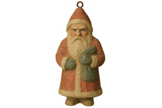 Vintage santa claus figurine with an angry expression holding a sack, expressing naughty or nice christmas decisions on transparent background