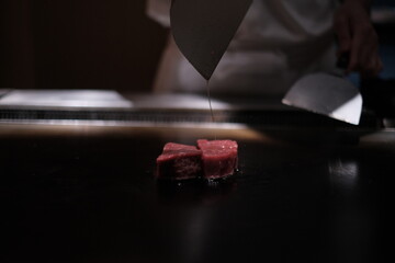 Wagyu, Teppanyaki, Japanese Cooking stock photo chef cook, hand