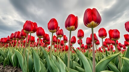 Red Tulip Field Blooming Under Cloudy Sky red tulips