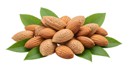 Pile of almonds with shells and green leaves, isolated on transparent background