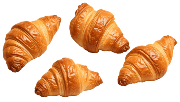 Set of croissants isolated on transparent background, golden-baked pastries, ultra-detailed 8K product shot, crisp studio lighting, clean clipping-path, commercial stock photography style, high-resolu