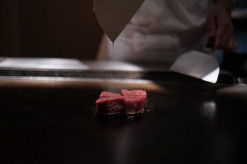Wagyu, Teppanyaki, Japanese Cooking stock photo chef cook, hand