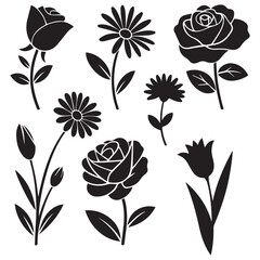 A set of eight different flower icons in black on a white background