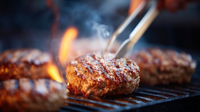 Grillers flip juicy hamburger patties as smoke rises at the lively food truck festival in Alicante, where flavors blend and people celebrate good food and fun together under the sun