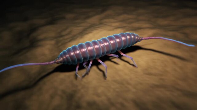A detailed 3D rendering of a bioluminescent terrestrial isopod, a crustacean with an iridescent exoskeleton crawling across a textured surface