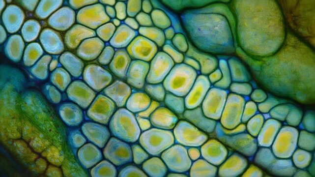 A vibrant abstract depiction of intercellular signaling, with green and yellow cell-like structures forming a dynamic molecular network
