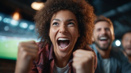 Group of passionate soccer fans erupt in cheers and joy as their team scores a crucial goal during a lively match at the stadium, creating a vibrant atmosphere filled with excitement