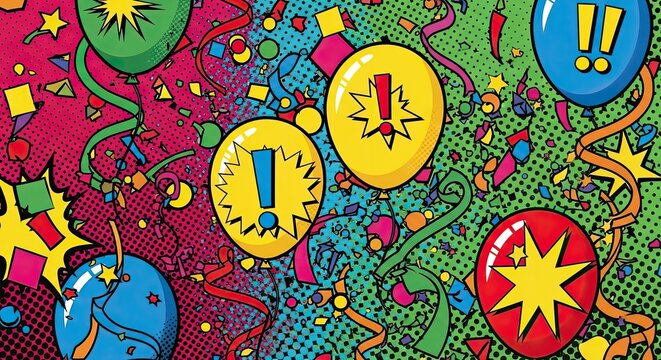 Pop Art Colorful Balloons Confetti Celebration Pattern Comic Book Style Background