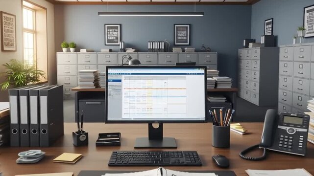 Office interior with computer displaying data and organized filing cabinets and desk accessories