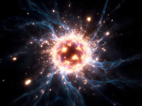 An abstract digital art piece where the cells are represented by swirling masses of luminous energy particles and chaotic light trails