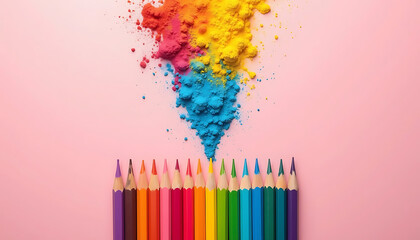 Obraz premium Vibrant Explosion of Color From Pencils Concept Creative Colorful Rainbow Hue Powder Vivid Pigment Education Inspiration