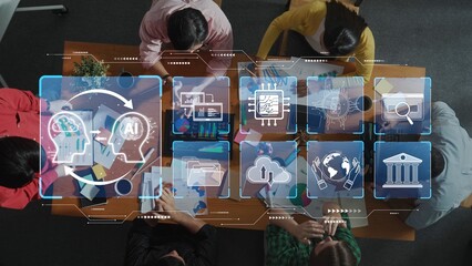 A diverse group engages in a collaborative brainstorming session, utilizing digital tools to explore artificial intelligence concepts and innovative strategies in a modern workspace. Raster