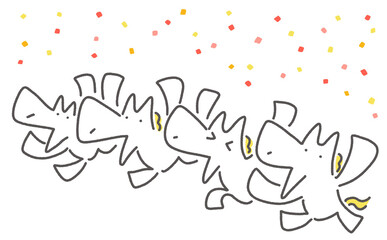 カラフルな紙吹雪と新年をお祝いする白馬達　応援・手描き