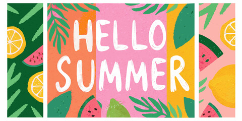 Illustration featuring hello summer text with lemons, watermelons, and leaves on colorful backgrounds created with generated ai