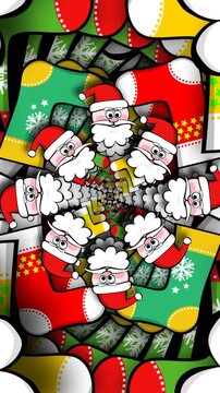 Animation of cute vertical video of santa illustrations and socks. Hypnotic seamless funny Christmas animation