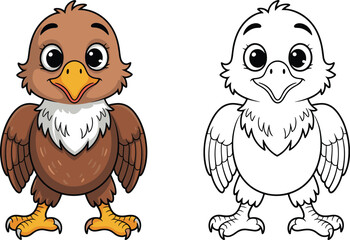 Eagle cartoon illustration, colored bird vector, black and white outline drawing, wildlife mascot artwork, coloring page, educational animal design, stock image