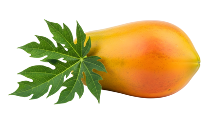 A ripe papaya fruit with a green leaf, isolated on transparent background