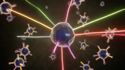 A central processing cell in a vibrant 3D digital network, sending out bright, colorful energy signals to surrounding nodes on a dark background - Powered by Adobe