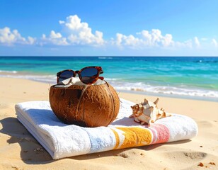 A coconut with sunglasses on a beach towel. Seashell and ocean