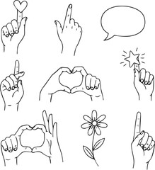 Isolated a kinds of deferent set of simple doodle hand-drawn decorative illustrations. A various of hand gesture and fingers with heart, comment, star, flower vector art with white background..