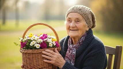 An elderly woman joyfully holds a basket of colorful flowers in a serene park setting, radiating warmth and happiness. - Powered by Adobe