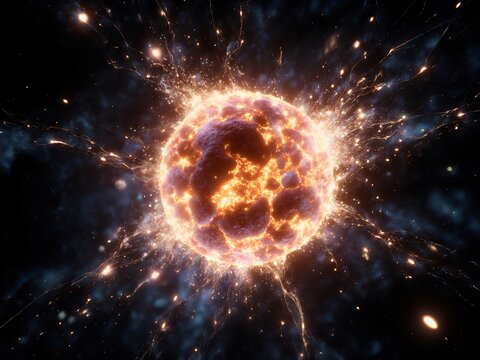 An abstract digital art piece where the cells are represented by swirling masses of luminous energy particles and chaotic light trails