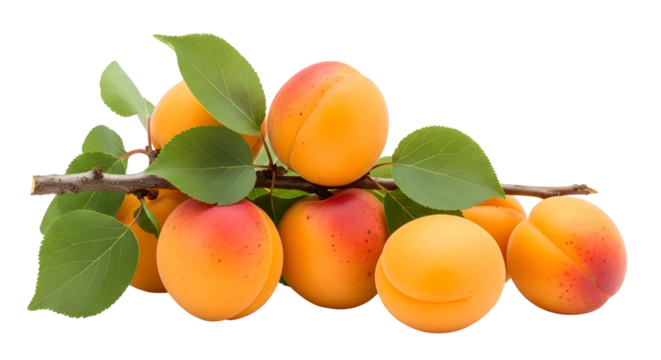 Fresh ripe apricots on a branch with green leaves, isolated on transparent background