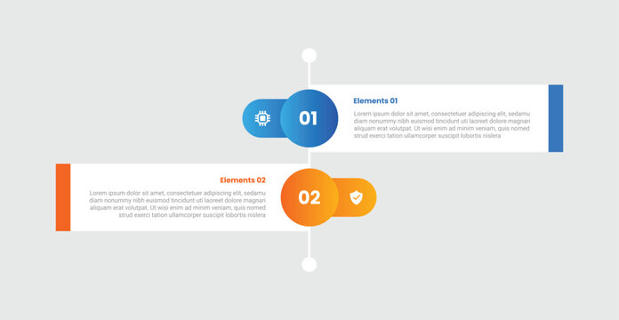 2 points comparison versus infographic with gradient style with long rectangle box with flag style on vertical stacked with 2 elements stages