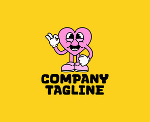 Adorable pink heart mascot cartoon vector illustration featuring a smiling character with gloves and shoes waving hand gesture or fun, friendly, and modern company logo or branding concepts
