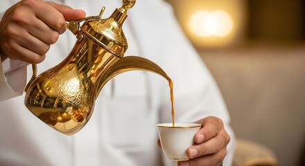 A person pouring tea from a decorative golden teapot into a white cup in a cozy indoor setting