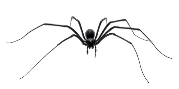 Black cellar spider isolated on transparent background, showcasing its long legs