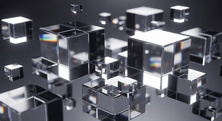 A collection of transparent glass cubes floating in a dark, reflective environment, showcasing geometric shapes and light refraction