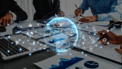 A modern office scene showcasing professionals collaborating on business strategies with digital infographics and global connectivity elements represented visually. Raster