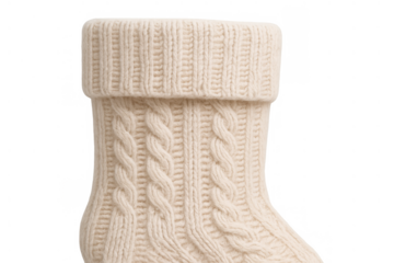 Cream cable knit christmas stocking, soft wool texture, ready for holiday gifts and seasonal decor on a transparent background