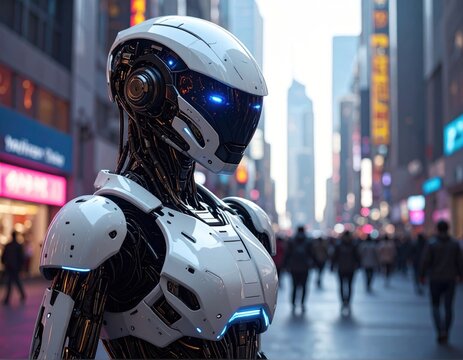A futuristic android stands on a crowded city street