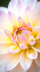 Fototapeta premium Close up of a soft pink and yellow dahlia flower showing the delicate layered petals
