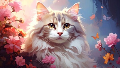 A fluffy, long-haired feline amongst vibrant flowers